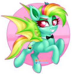 Size: 1071x1103 | Tagged: safe, artist:sickly-sour, imported from derpibooru, oc, oc only, oc:kokomo, pony, bowtie, fangs, female, flying, mare, solo, wings