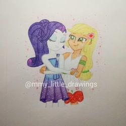 Size: 1080x1080 | Tagged: safe, artist:mmy_little_drawings, imported from derpibooru, applejack, rarity, equestria girls, equestria girls series, spring breakdown, spoiler:eqg series (season 2), applebetes, clothes, cute, dress, eyelashes, eyes closed, female, hug, jackabetes, lesbian, raribetes, rarijack, shipping, skirt, smiling, sweet dreams fuel, traditional art, watermark