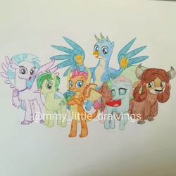 Size: 1080x1080 | Tagged: safe, artist:mmy_little_drawings, imported from derpibooru, gallus, ocellus, sandbar, silverstream, smolder, yona, changedling, changeling, classical hippogriff, dragon, earth pony, griffon, hippogriff, pony, yak, crossed arms, dragoness, eyelashes, female, jewelry, male, necklace, stallion, student six, traditional art, watermark, wings