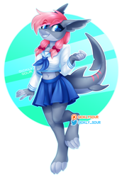 Size: 1022x1483 | Tagged: safe, artist:sickly-sour, imported from derpibooru, oc, oc only, anthro, original species, shark, shark pony, anthro oc, bow, clothes, cute, female, hair bow, midriff, not pony related, sharp teeth, skirt, smiling, solo, teeth