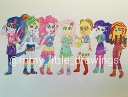 Size: 1080x819 | Tagged: safe, artist:mmy_little_drawings, imported from derpibooru, applejack, fluttershy, pinkie pie, rainbow dash, rarity, sci-twi, sunset shimmer, twilight sparkle, equestria girls, equestria girls series, sunset's backstage pass!, spoiler:eqg series (season 2), boots, clothes, dress, eyelashes, female, flower, flower in hair, freckles, glasses, hat, humane five, humane seven, humane six, lidded eyes, music festival outfit, obtrusive watermark, open mouth, peace sign, shoes, smiling, traditional art, visor, watermark, waving