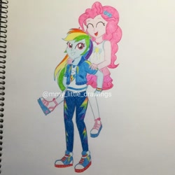 Size: 1080x1080 | Tagged: safe, artist:mmy_little_drawings, imported from derpibooru, pinkie pie, rainbow dash, equestria girls, equestria girls series, clothes, converse, cutie mark, cutie mark on clothes, eyelashes, eyes closed, female, geode of sugar bombs, geode of super speed, jacket, lesbian, magical geodes, open mouth, pants, piggyback ride, pinkiedash, shipping, shoes, skirt, smiling, traditional art, watermark