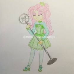 Size: 1026x1026 | Tagged: safe, artist:mmy_little_drawings, imported from derpibooru, fluttershy, equestria girls, equestria girls series, so much more to me, clothes, eyelashes, eyes closed, female, grin, high heels, microphone, shoes, skirt, smiling, traditional art, watermark