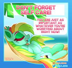 Size: 1000x947 | Tagged: safe, artist:sickly-sour, imported from derpibooru, oc, oc only, oc:kokomo, bat pony, pony, eyes closed, fangs, female, hammock, mare, motivational, solo, text