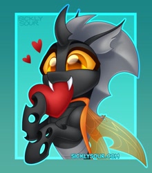 Size: 895x1016 | Tagged: safe, artist:sickly-sour, imported from derpibooru, oc, oc only, changeling, bust, cute, cuteling, fangs, heart, orange changeling, solo, wings