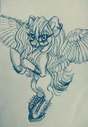 Size: 714x1024 | Tagged: safe, artist:maryhoovesfield, imported from derpibooru, oc, oc only, pegasus, pony, ear fluff, ear piercing, earring, female, jewelry, mare, pegasus oc, piercing, signature, solo, spread wings, traditional art, wings
