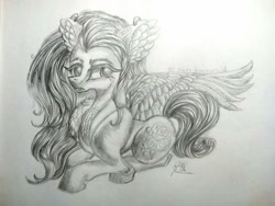 Size: 1024x768 | Tagged: safe, artist:maryhoovesfield, imported from derpibooru, oc, oc only, pegasus, pony, ear fluff, eyelashes, female, lying down, mare, pegasus oc, prone, signature, solo, traditional art, wings