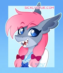 Size: 885x1016 | Tagged: safe, artist:sickly-sour, imported from derpibooru, oc, oc only, anthro, original species, shark, shark pony, anthro oc, bow, bust, female, hair bow, not pony related, smiling, solo