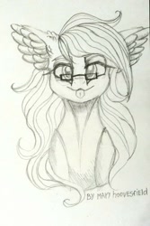 Size: 683x1024 | Tagged: safe, artist:maryhoovesfield, imported from derpibooru, oc, oc only, earth pony, pony, :p, bust, ear fluff, earth pony oc, eyelashes, female, grayscale, mare, monochrome, signature, smiling, solo, tongue out, traditional art