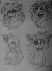 Size: 758x1024 | Tagged: safe, artist:maryhoovesfield, imported from derpibooru, oc, oc only, earth pony, pegasus, pony, :p, ahegao, chest fluff, choker, ear fluff, ear piercing, earring, earth pony oc, eyelashes, eyes rolling back, female, glasses, grayscale, jewelry, mare, monochrome, open mouth, pegasus oc, piercing, signature, smiling, tongue out, traditional art, wings