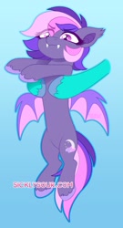 Size: 615x1143 | Tagged: safe, artist:sickly-sour, imported from derpibooru, oc, oc only, oc:midnight mist, bat pony, pony, bat pony oc, bat wings, eye clipping through hair, fangs, female, holding a pony, longcat, mare, unshorn fetlocks, wings