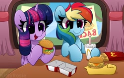 Size: 4096x2584 | Tagged: safe, artist:kittyrosie, imported from derpibooru, rainbow dash, twilight sparkle, alicorn, pegasus, pony, blushing, burger, coca-cola, cute, dashabetes, duo, eating, female, food, french fries, hay burger, herbivore, hoof hold, mare, mcdonald's, open mouth, restaurant, smiling, soda, twiabetes, twilight burgkle, twilight sparkle (alicorn)