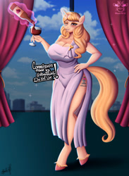 Size: 2200x3000 | Tagged: safe, artist:hinatawolf, imported from derpibooru, oc, oc only, oc:taralicious, anthro, unguligrade anthro, alcohol, big breasts, breasts, building, cleavage, clothes, curtains, dress, female, glass, high res, levitation, magic, magic aura, mare, one eye closed, side slit, signature, sparkles, telekinesis, window, wine glass, wink