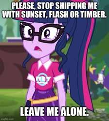 Size: 500x557 | Tagged: safe, edit, edited screencap, imported from derpibooru, screencap, sci-twi, twilight sparkle, human, equestria girls, equestria girls series, sunset's backstage pass!, spoiler:eqg series (season 2), caption, cropped, episode needed, female, flipped, glasses, image macro, imgflip, implied flash sentry, implied flashlight, implied lesbian, implied scitwishimmer, implied shipping, implied straight, implied sunset shimmer, implied sunsetsparkle, implied timber spruce, implied timbertwi, mouthpiece, solo, text