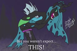 Size: 545x363 | Tagged: safe, artist:shacy's pagelings, imported from derpibooru, queen chrysalis, starlight glimmer, thorax, changeling, changeling queen, pony, unicorn, female, grammar error, knife, male, meme, parody, scene interpretation, scene parody, solo, the emperor's new groove, yzma
