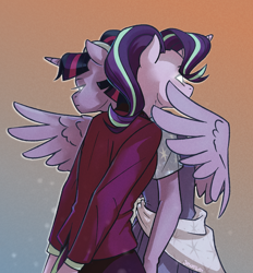 Size: 2256x2430 | Tagged: safe, artist:jewellier, imported from derpibooru, starlight glimmer, twilight sparkle, alicorn, anthro, unicorn, the last problem, clothes, dress, glowing eyes, headmare starlight, hug, jacket, older, older starlight glimmer, older twilight, princess twilight 2.0, twilight sparkle (alicorn), winghug, wings