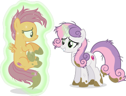 Size: 9393x7160 | Tagged: safe, artist:kojibiose, imported from derpibooru, scootaloo, sweetie belle, pegasus, pony, unicorn, growing up is hard to do, absurd resolution, duo, magic, messy mane, messy tail, mud, older, older scootaloo, older sweetie belle, scratches, simple background, telekinesis, transparent background