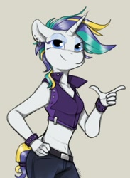 Size: 828x1133 | Tagged: safe, artist:sinrar, imported from derpibooru, rarity, anthro, unicorn, alternate hairstyle, clothes, ear piercing, earring, jewelry, lidded eyes, midriff, pants, piercing, punk, raripunk, smiling, solo, vest