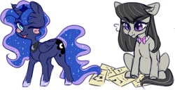 Size: 1397x717 | Tagged: safe, artist:gunya, imported from derpibooru, octavia melody, princess luna, alicorn, earth pony, pony, ;p, blush sticker, blushing, cute, duo, eyebrows, eyebrows visible through hair, lunabetes, octavia is not amused, one eye closed, palindrome get, paper, simple background, sitting, tongue out, unamused, white background, wink