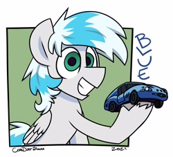 Size: 2944x2676 | Tagged: safe, artist:coaldustthestrange, imported from derpibooru, oc, oc only, pegasus, pony, car, looking at you, smile grin, solo, toy