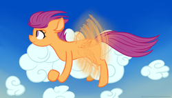 Size: 3150x1785 | Tagged: safe, artist:chipwanderer, imported from derpibooru, scootaloo, pegasus, pony, cloud, female, filly, flying, gradient background, sky, solo, wings