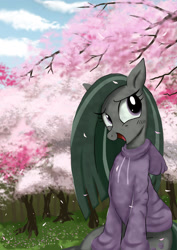 Size: 1024x1449 | Tagged: safe, artist:neoshrek, imported from derpibooru, marble pie, earth pony, pony, clothes, cute, female, hoodie, marblebetes, mare, solo, spring, tree