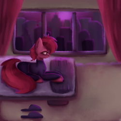 Size: 3000x3000 | Tagged: safe, artist:menalia, imported from derpibooru, oc, oc only, unnamed oc, earth pony, pony, bed, city, clothes, curtains, emotionless, female, long sleeve shirt, long sleeved shirt, lying, mare, moon, night, pants, pillow, slippers, solo, window