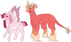 Size: 3600x2147 | Tagged: safe, artist:sleepy-nova, imported from derpibooru, oc, oc only, classical unicorn, pegasus, unicorn, arrow, blank flank, cloven hooves, duo, freckles, hair over eyes, heart arrow, leonine tail, magical gay spawn, magical lesbian spawn, offspring, parent:big macintosh, parent:shining armor, parents:cadancepie, parents:shiningmac, shoulder freckles, simple background, transparent background, unshorn fetlocks