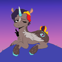 Size: 1080x1080 | Tagged: safe, artist:cottagerammy, imported from derpibooru, alicorn, pony, colored horn, colt, horn, jerma985, lying, male, one eye closed, ponified, solo, wink