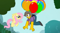 Size: 1191x670 | Tagged: artist needed, safe, artist:haileykitty69, imported from derpibooru, fluttershy, human, pegasus, pony, balloon, crossover, crossover shipping, duo, female, floating, fluttermour, male, mare, seymour skinner, shipping, the simpsons, then watch her balloons lift her up to the sky, wat