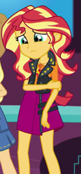 Size: 269x573 | Tagged: safe, imported from derpibooru, screencap, applejack, sunset shimmer, a fine line, equestria girls, equestria girls series, <:|, aw man, clothes, cropped, cute, drat, game store, geode of empathy, hand on arm, jewelry, leather, leather vest, looking down, magical geodes, necklace, offscreen character, offscreen human, sad, shoulderless shirt, skirt, solo focus, vest