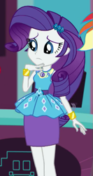 Size: 313x587 | Tagged: safe, imported from derpibooru, screencap, rainbow dash, rarity, a fine line, equestria girls, equestria girls series, <:|, belt, blue eyes, blue eyeshadow, bracelet, clothes, cropped, cute, cutie mark on clothes, disappointed, dress, eyeshadow, frilly design, geode of shielding, gold, hairpin, hand on chin, jewelry, light skin, magical geodes, makeup, offscreen character, offscreen human, oh my, pencil skirt, pendant, purple eyebrows, purple hair, rarity peplum dress, skirt, sleeveless, sleeveless tank top, solo focus