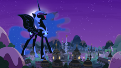 Size: 1920x1080 | Tagged: safe, artist:thegiantponyfan, imported from derpibooru, nightmare moon, alicorn, pony, canterlot, female, giant pony, giantess, macro, mare, night, story included