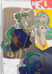 Size: 4092x5787 | Tagged: safe, artist:cadillac-dynamite, artist:cadillacdynamite, imported from derpibooru, guardian angel (character), princess celestia, alicorn, pony, alternate hairstyle, blushing, clothes, crown, ethereal mane, female, guardian angel (g4), guardsmare, jewelry, mare, regalia, robes, royal guard, sketch, sombra eyes