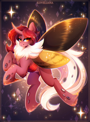 Size: 2068x2800 | Tagged: safe, artist:koveliana, imported from derpibooru, oc, oc only, oc:flechette, changeling, insect, moth, mothling, original species, eye clipping through hair, looking at you, raised hoof, red changeling, simple background, smiling, species swap