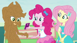 Size: 1920x1080 | Tagged: safe, artist:amateur-draw, edit, edited screencap, imported from derpibooru, screencap, applejack, fluttershy, pinkie pie, human, equestria girls, equestria girls series, rollercoaster of friendship, clothes, covered in mud, dress, female, messy, mud, mud edit, muddy, phone, show accurate, skirt, wet and messy