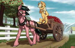 Size: 2550x1623 | Tagged: safe, artist:wwredgrave, imported from derpibooru, applejack, oc, oc:sibony, earth pony, pony, unicorn, apple, apple farm, apple tree, bit, bridle, canon x oc, carriage, cottagecore, cowgirl, farm, farmer, female, food, harness, male, pony pulls the wagon, ponyville, tack, tree, unshorn fetlocks, wagon, walking