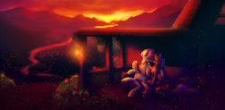 Size: 3000x1474 | Tagged: safe, artist:limreiart, imported from derpibooru, oc, oc only, oc:dim bush, oc:lighty dust, earth pony, firefly (insect), insect, pegasus, pony, bioluminescent, bridge, bush, dusk, earth pony oc, female, food, kissing, lantern, mare, mountain, mountain range, peaceful, pegasus oc, ponyville, river, scenery, scenery porn, sitting, sunset, tea, wings