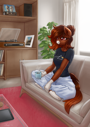 Size: 2480x3508 | Tagged: safe, artist:dandy, imported from derpibooru, oc, oc only, oc:java, anthro, earth pony, plantigrade anthro, breasts, clothes, coat markings, coffee, commission, couch, crossed legs, explicit source, facial markings, feet, female, mare, mug, pants, pink floyd, record player, shirt, snip (coat marking), socks (coat markings), solo, sweatpants, t-shirt