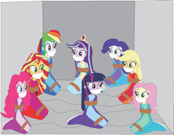 Size: 1069x828 | Tagged: safe, artist:caido58, imported from derpibooru, applejack, fluttershy, pinkie pie, rainbow dash, rarity, starlight glimmer, sunset shimmer, twilight sparkle, alicorn, human, equestria girls, arm behind back, bondage, bound and gagged, cloth gag, confused, gag, help us, humane five, humane seven, humane six, humanized, kneeling, mane six, tied up, twilight sparkle (alicorn)
