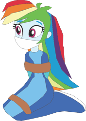 Size: 464x656 | Tagged: safe, artist:caido58, imported from derpibooru, rainbow dash, human, equestria girls, arm behind back, bondage, bound and gagged, gag, humanized, kneeling, rope, rope bondage, simple background, solo, tied up, transparent background