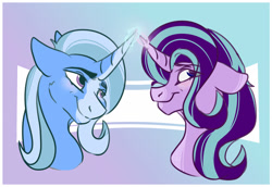 Size: 1280x881 | Tagged: safe, artist:sallybatbridge, imported from derpibooru, starlight glimmer, trixie, pony, unicorn, curved horn, female, horn, lesbian, shipping, startrix