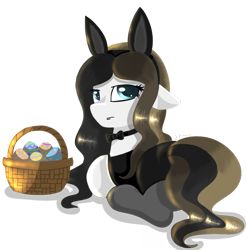 Size: 1184x1200 | Tagged: safe, artist:julie25609, imported from derpibooru, oc, oc only, oc:chocolate fudge, earth pony, pony, bunny suit, clothes, cute, easter, easter egg, female, fluffy, holiday, simple background, solo, transparent background