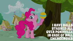 Size: 1280x720 | Tagged: safe, edit, edited screencap, editor:quoterific, imported from derpibooru, screencap, pinkie pie, earth pony, pony, it's about time, ball, context is for the weak, female, solo, tree