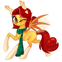 Size: 1698x1700 | Tagged: safe, artist:xvostik, imported from derpibooru, oc, oc only, oc:maple honey, bat pony, pony, bat pony oc, bat wings, clothes, coat markings, ear fluff, one eye closed, scarf, socks (coat markings), solo, transparent wings, wings, wink