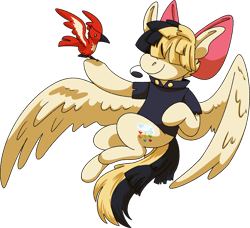 Size: 2051x1867 | Tagged: safe, artist:kazzmcsass, imported from derpibooru, songbird serenade, bird, pegasus, my little pony: the movie, bow, clothes, commission, commissioner:reversalmushroom, female, flying, hair bow, happy, mare, microphone, shirt, simple background, smiling, solo, transparent background