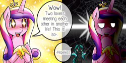 Size: 2964x1489 | Tagged: safe, artist:vavacung, imported from derpibooru, princess cadance, queen chrysalis, alicorn, changeling, pony, comic:to love alicorn, comic, cropped, cute, cutedance, duo, female, mare
