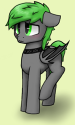 Size: 552x920 | Tagged: safe, artist:zip, imported from derpibooru, oc, oc only, bat pony, pony, blushing, blushng, choker, embarrassed, floppy ears, gray coat, green eyes, green mane, green tail, male, oc name needed, one hoof raised, raised hoof, short tail, solo, stallion, wavy mouth