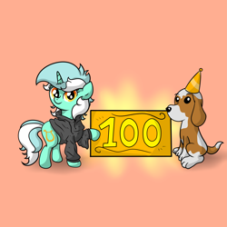 Size: 4921x4921 | Tagged: safe, artist:background basset, imported from derpibooru, lyra heartstrings, basset hound, dog, pony, unicorn, clothes, dig the swell hoodie, duo, hat, hoodie, party hat