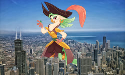 Size: 2000x1200 | Tagged: safe, artist:theotterpony, imported from derpibooru, imported from ponybooru, captain celaeno, anthro, bird, parrot, my little pony: the movie, chicago, city, female, giantess, hat, illinois, irl, looking at you, macro, ocean, photo, pirate, pirate hat, smiling, solo, story in the source, story included